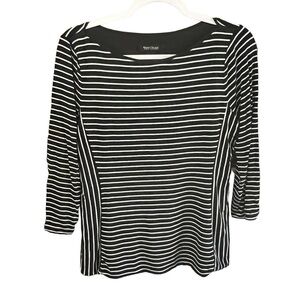 White House Black Market  Blouse Womens M  Boat Neck Black Cream Stripe Top